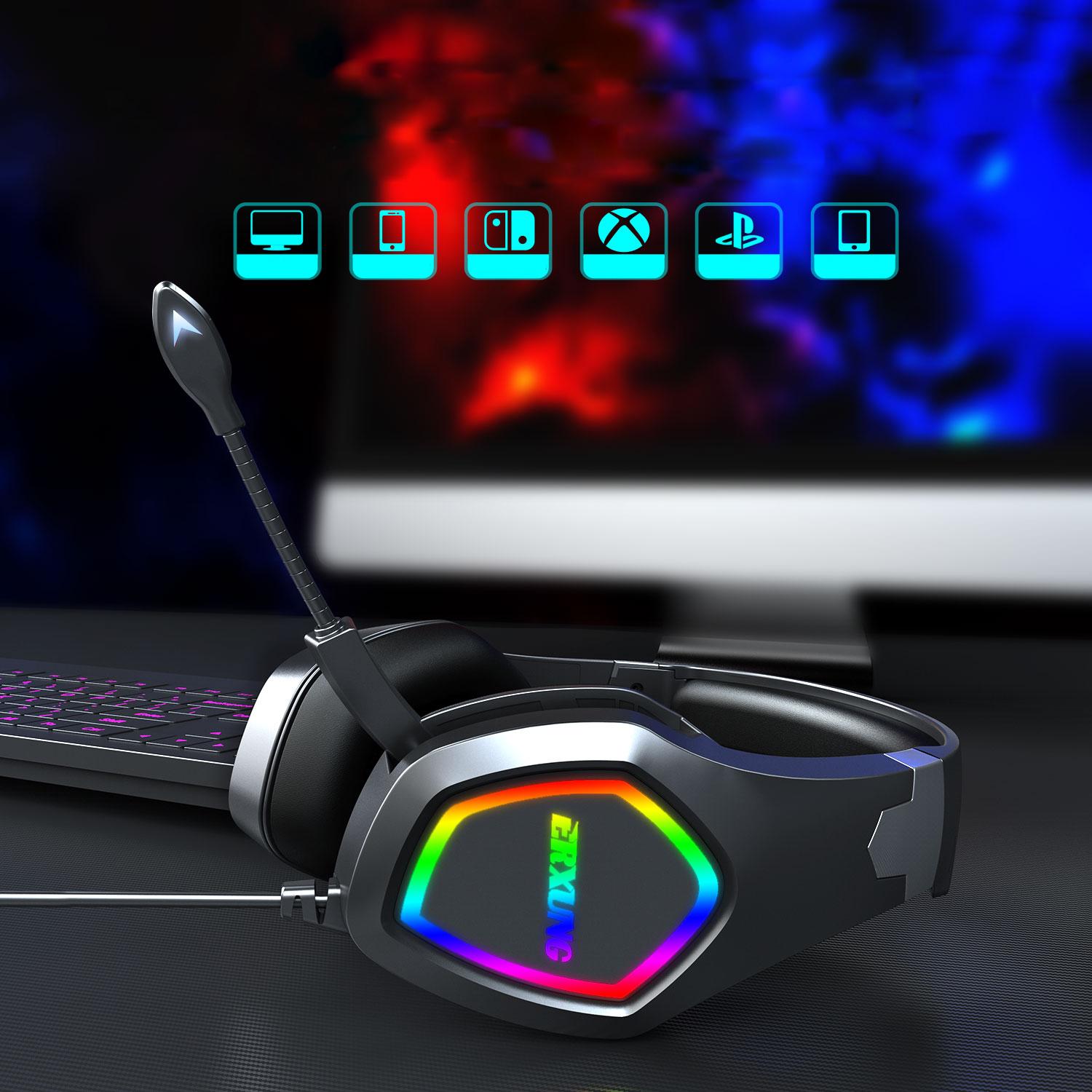 Cuffie premium ultra flessibili J20. 7 luci FULL RGB. Cuffie da gioco con connessione micro, minijack per PC, laptop, PS4, Xbox One, cellulare, tablet.