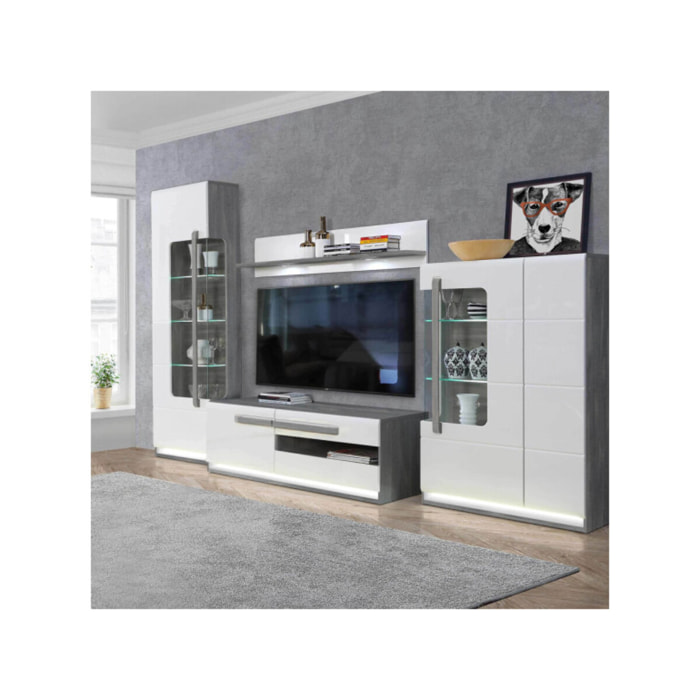 Meuble TV bas blanc laqué décor gris - SENSATION