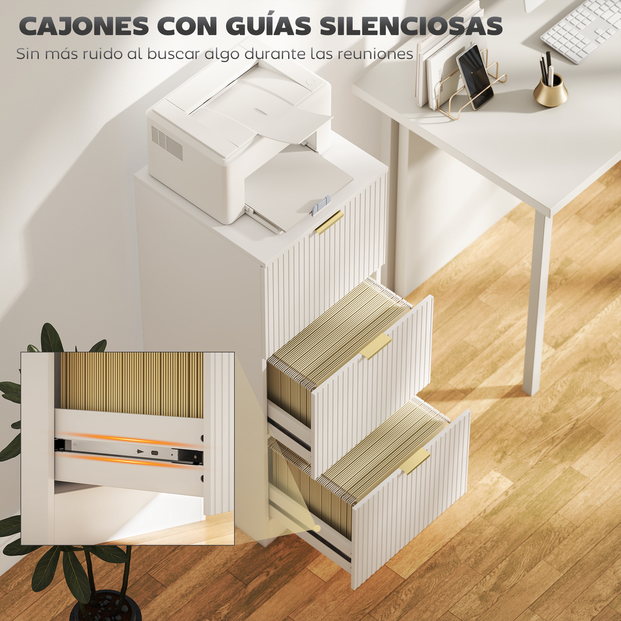 Cajonera de Oficina con 3 Cajones Cajonera de Escritorio con Frentes Acanalados Mueble Archivador para Tamaño A4 o Carta para Estudio 40x40x101 cm Blanco