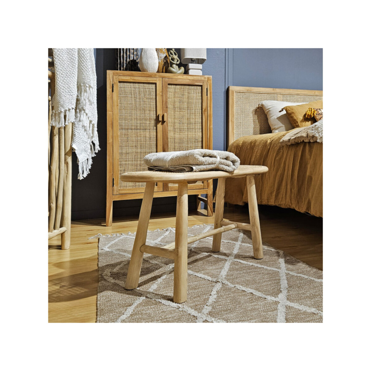 Banc bout de lit 80 cm en rotin et bois de teck exotique - LESLIE