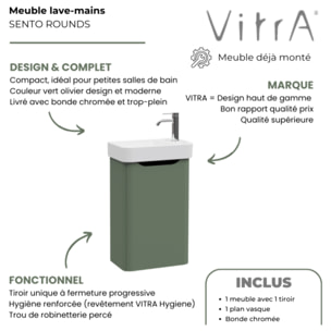 Meuble lave mains Sento Round vert avec plan vasque céramique 45 cm
