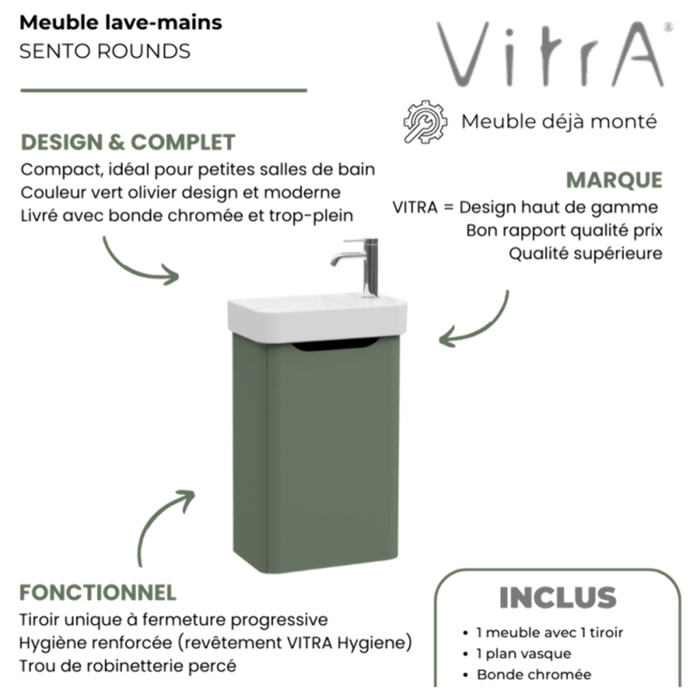 Meuble lave mains Sento Round vert avec plan vasque céramique 45 cm