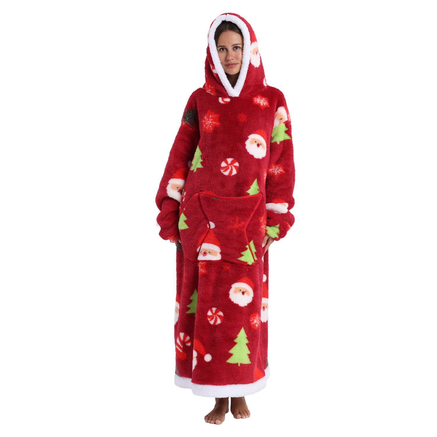 Vestaglia stile felpa e coperta in peluche extra morbida. Triplo tasca frontale tipo kangaroo. Design natalizio tipo lungo.