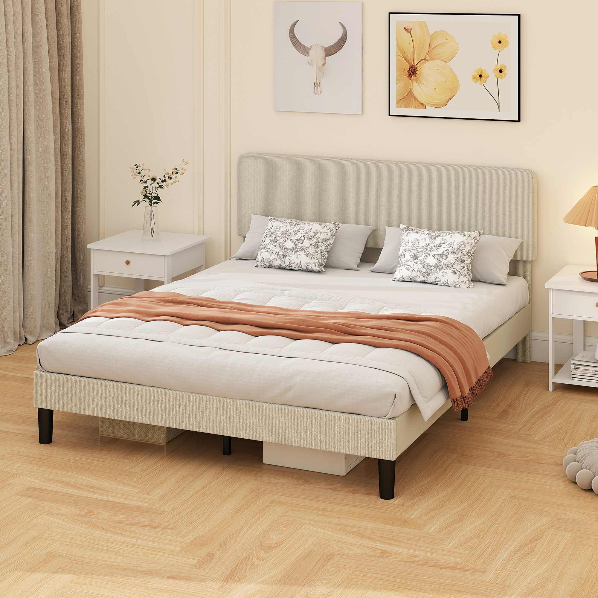 Somier 160x200 cm con Cabecero Ajustable, Estructura de Cama, Tapizado en Pana, Láminas de Madera, Fácil de Montar, Gris Claro