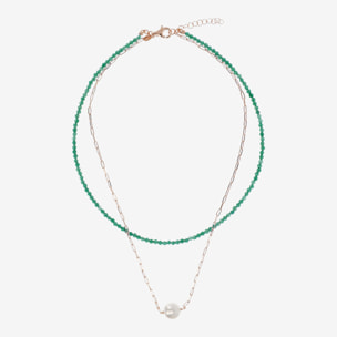 PERLAVIVA - Doppia Collana con Quarzite Verde e Perla Ming Bianca Ø 11 mm in Argento 925 placcato Oro Rosa 18Kt