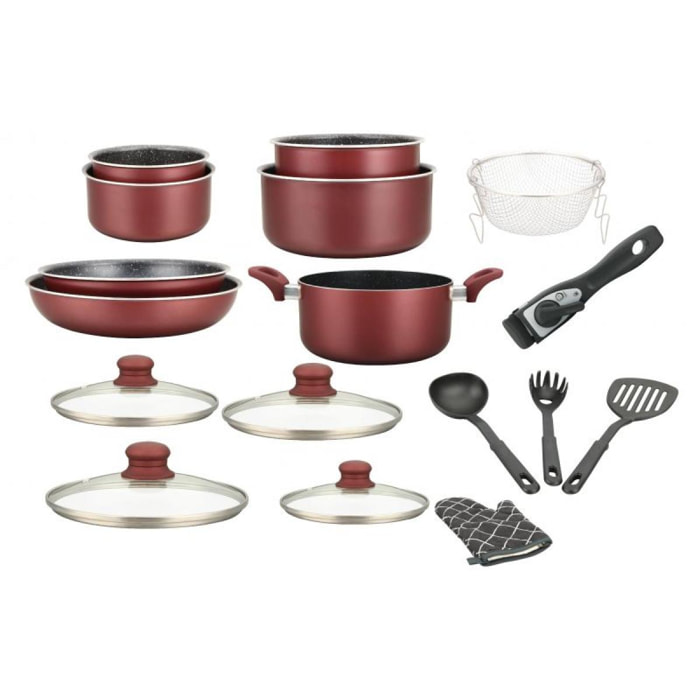 Batterie de cuisine revêtement pierre avec manche amovible 17 pièces bordeaux Herzberg HG8055-BR