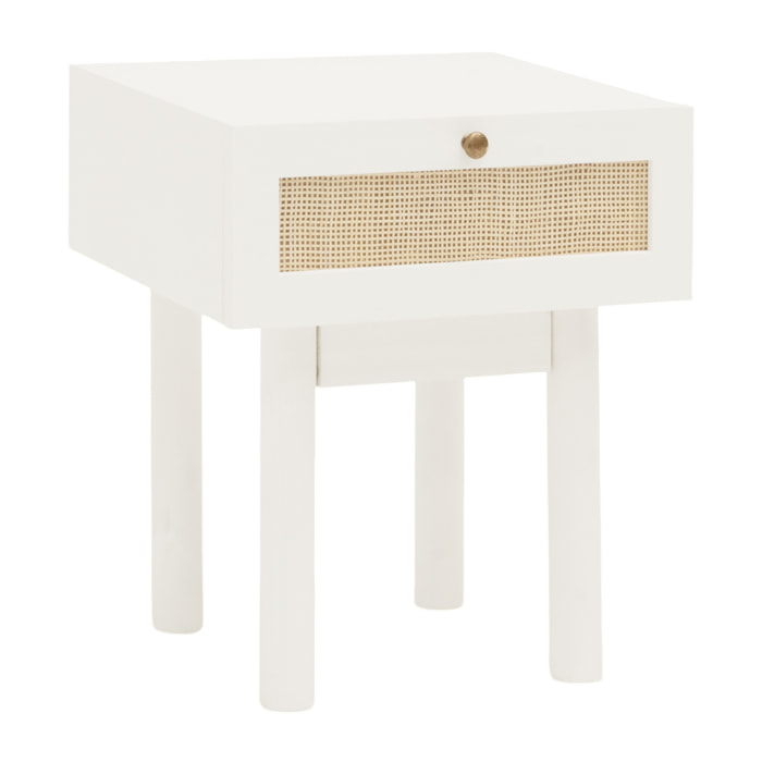 Table de chevet en bois massif et raphia avec un tiroir blanc 40x45cm Hauteur: 45 Longueur: 40 Largeur: 37