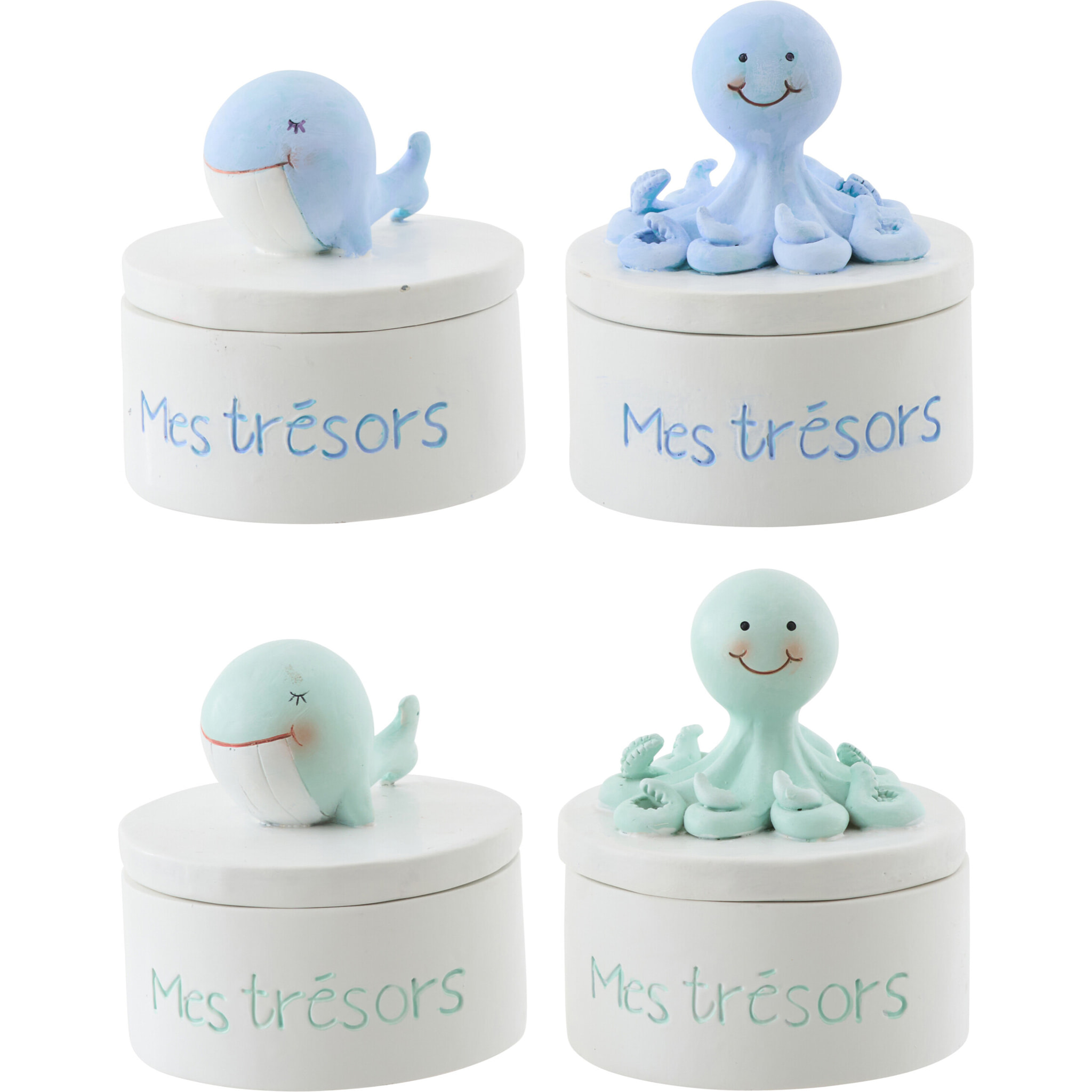 J-Line Boîte Baleine + Pieuvre - polyrésine - bleu clair/vert clair - small - 4 pièces