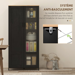 Armoire de rangement - 2 portes - 7 étagères - dim. 76L x 36l x 160H cm - noir aspect chêne clair verre