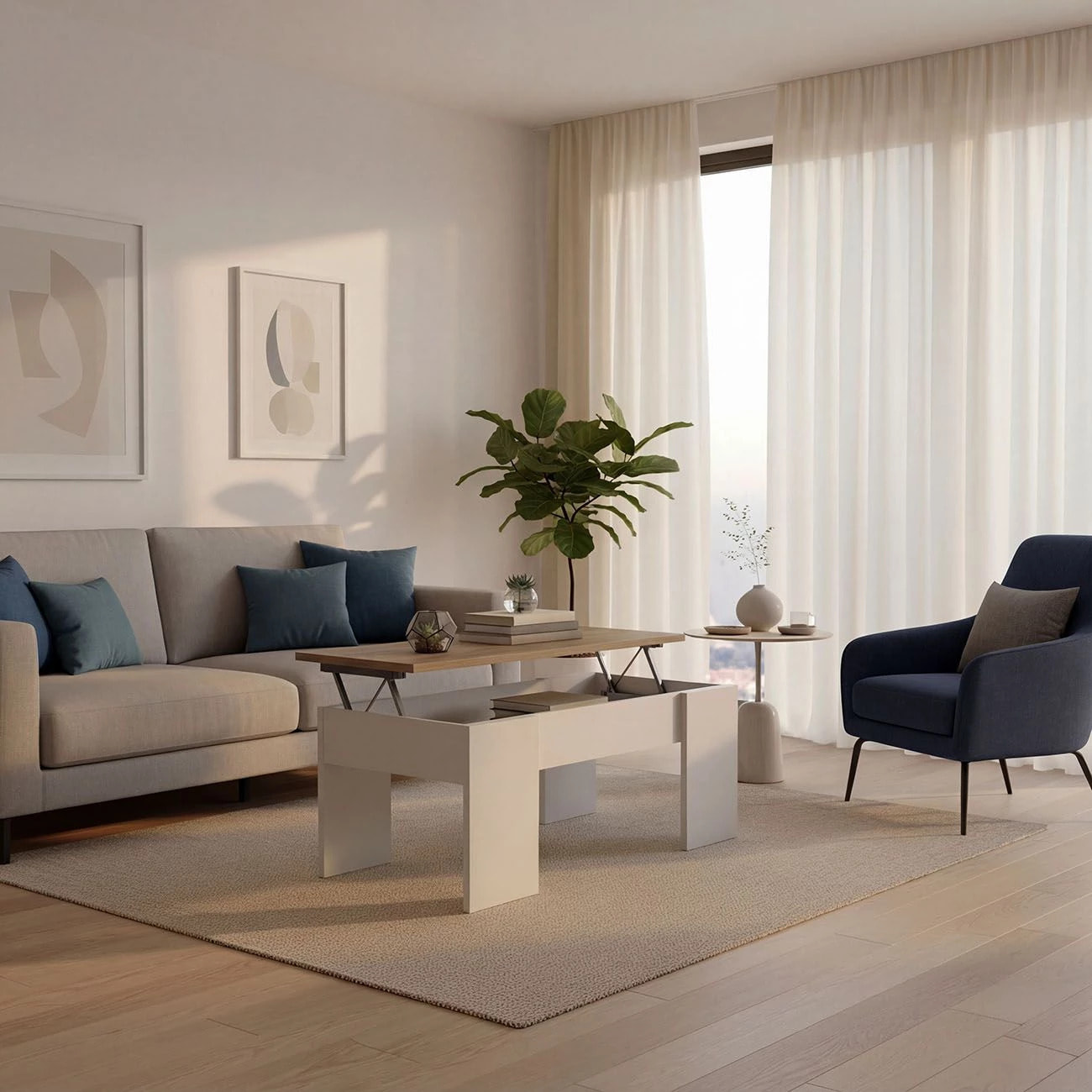 Mesa de centro elevable con almacenaje en blanco artick y roble canadian 100x45-56 cm Vita Blanco Artik (Blanco Mate) - Roble Canadian