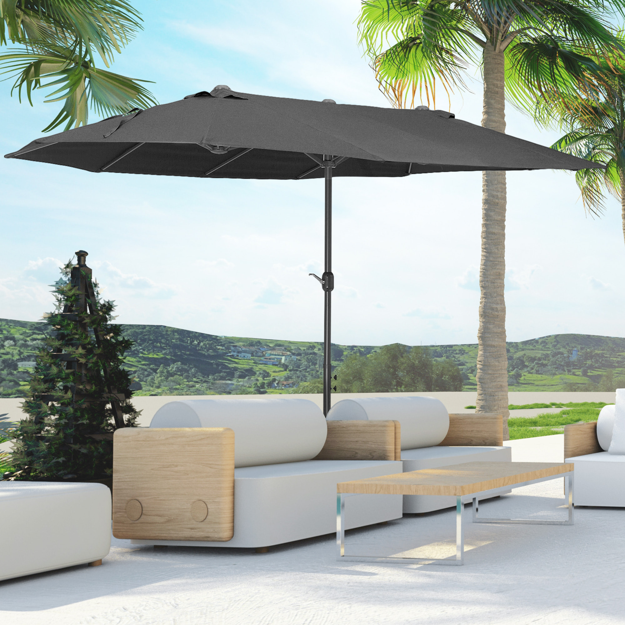 Parasol de jardin XXL parasol grande taille 4,6L x 2,7l x 2,4H m ouverture fermeture manivelle acier polyester haute densité noir