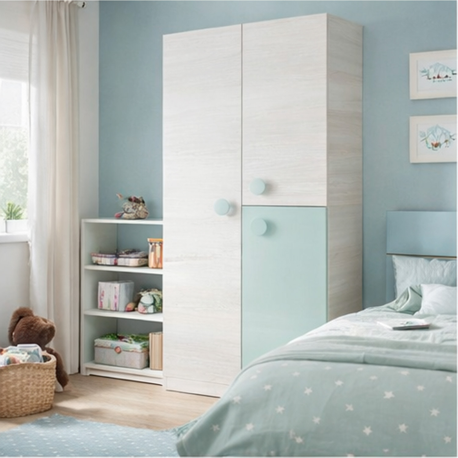 Armadio Armadietto Per Cameretta E Camera Da Letto Mobile Mobiletto Guardaroba Compatto Barra Appendiabiti 200 x 90 x 52 Cm Bianco Alpi e Verde Acqua