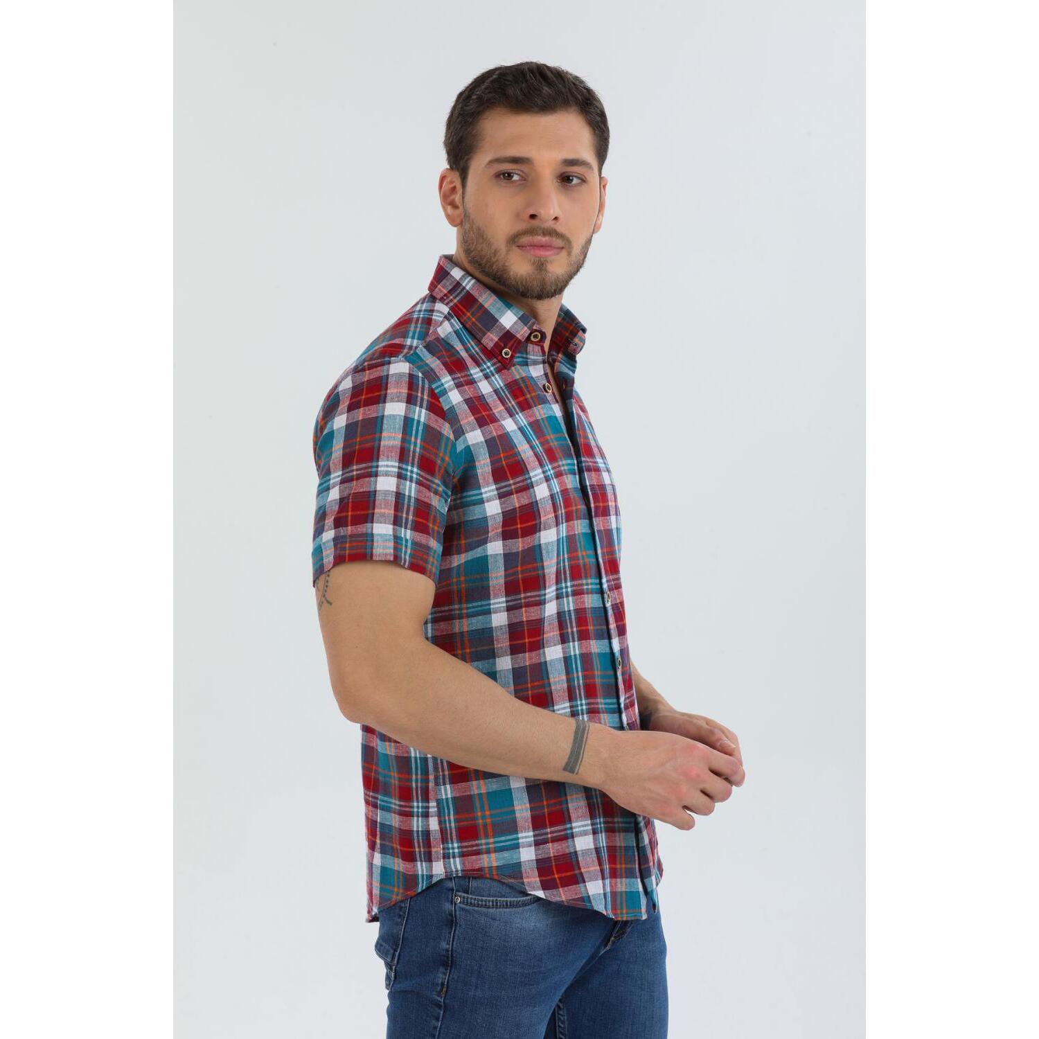 Camicia Uomo 1 Bottone Button Down Manica Corta Slim Lino Quadro Grande Rosso Verde Ottanio