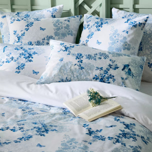 Taie d'oreiller percale de coton imprimé blanc bleu Voliere bleu