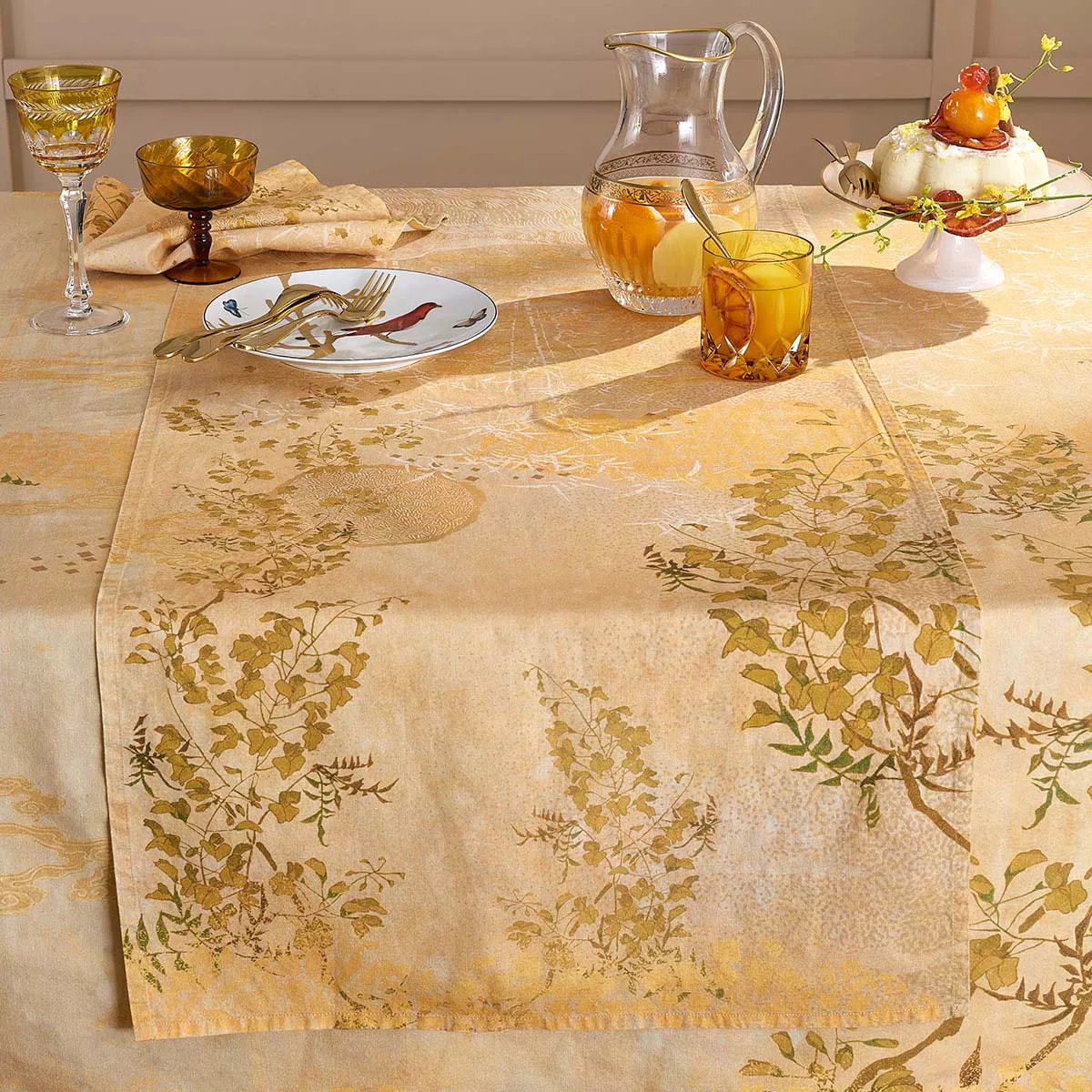 Nappe lin & coton lavé 190 g/m² imprimé jaune Soleil d'or dore