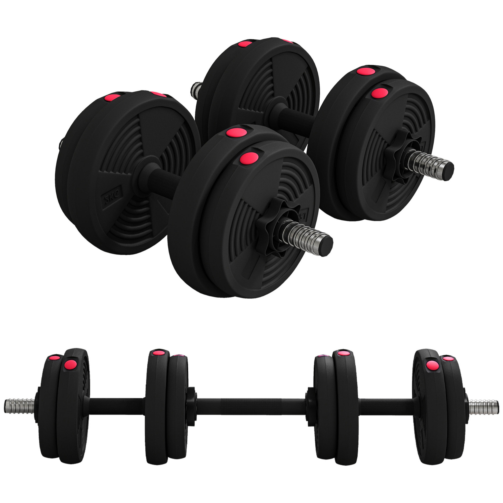 Haltères 2 en 1 réglables - haltères libres 15 Kg - barres incluses - entraînement musculaire & haltérophilie - noir rouge