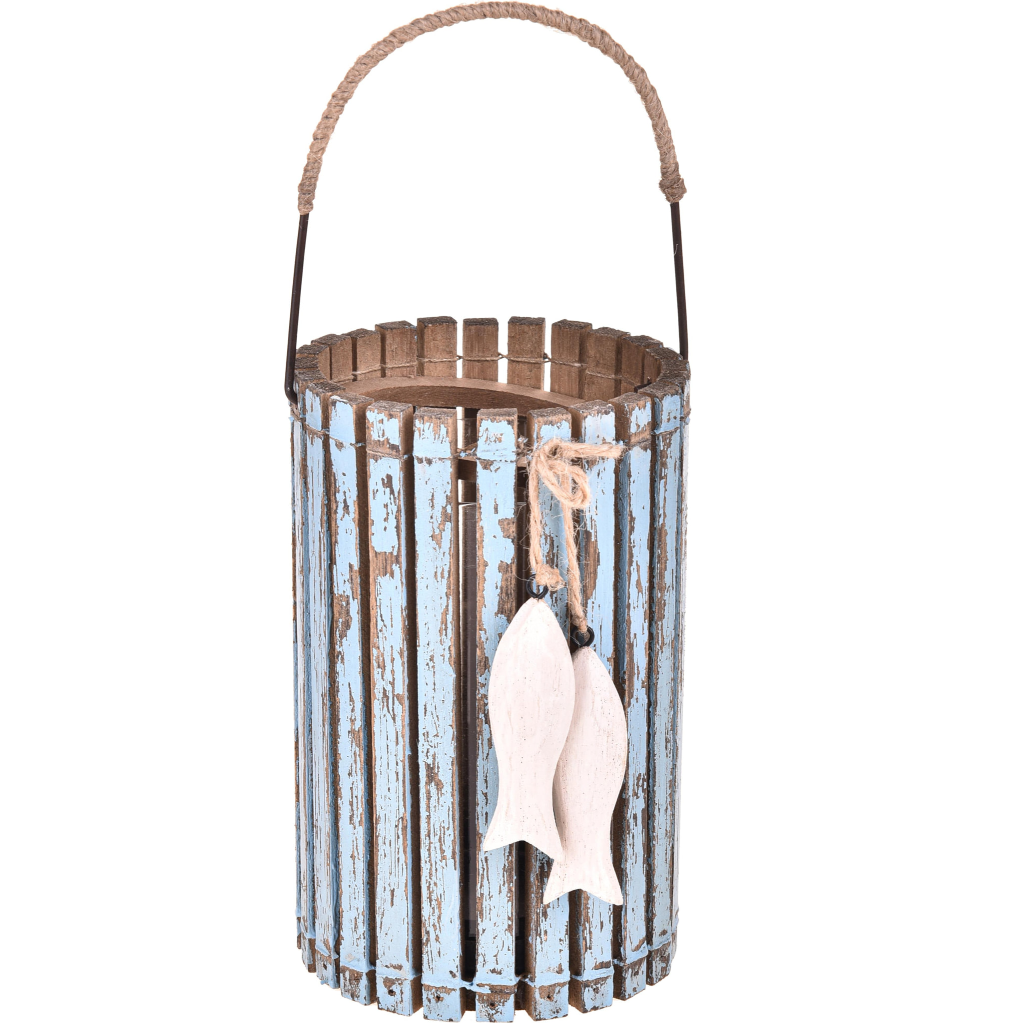 Lanterna Con Pesci Invecchiato H.28 Cm - Pezzi 1 - 11X28X11cm - Colore: Blu - Bianchi Dino - Marina Lanterne E P/Candele