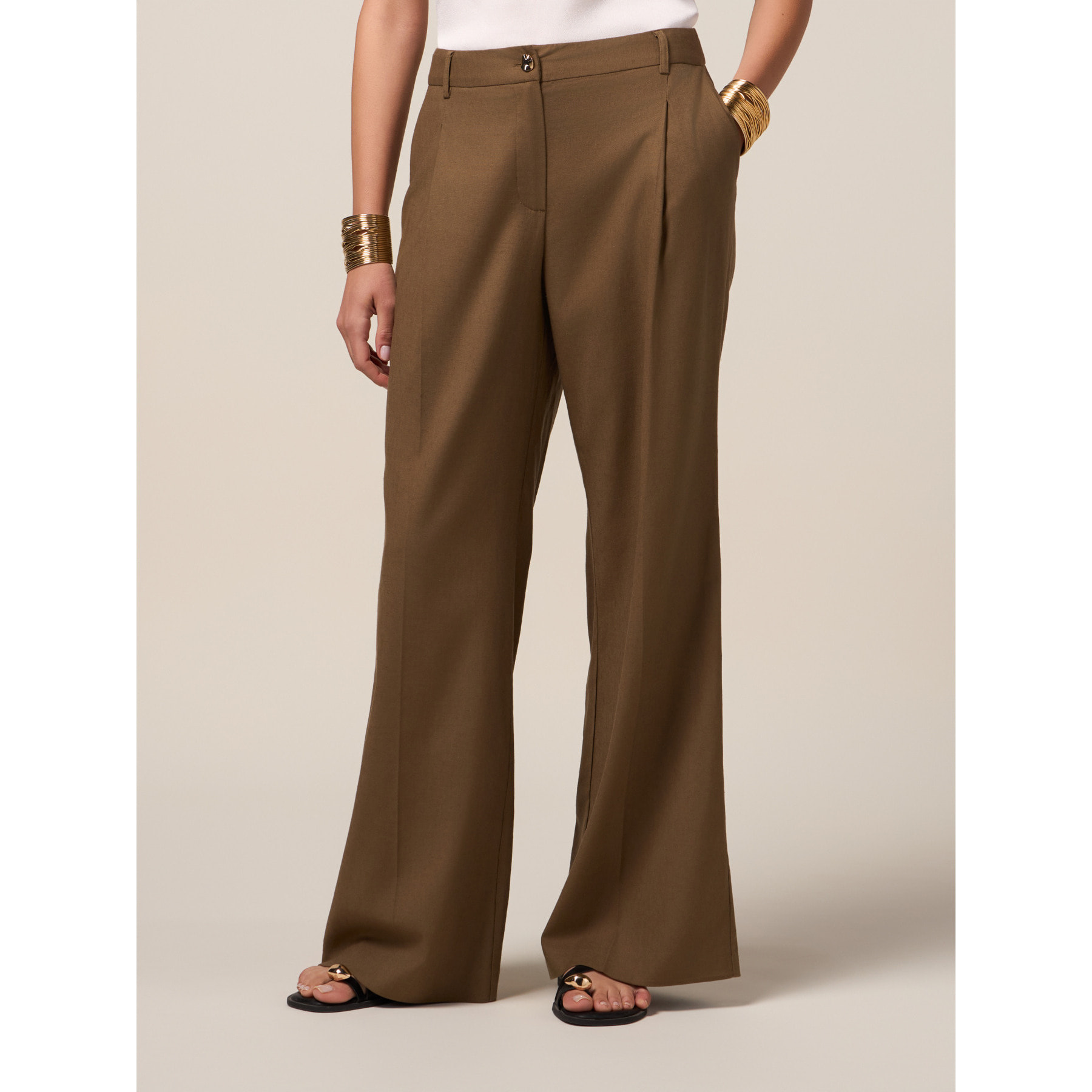 Oltre - Pantaloni palazzo misto lino - Verde militare