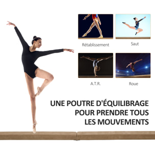 Poutre gymnastique pliable 210 cm - poutre d'équilibre antidérapante - bois de pin toucher daim marron