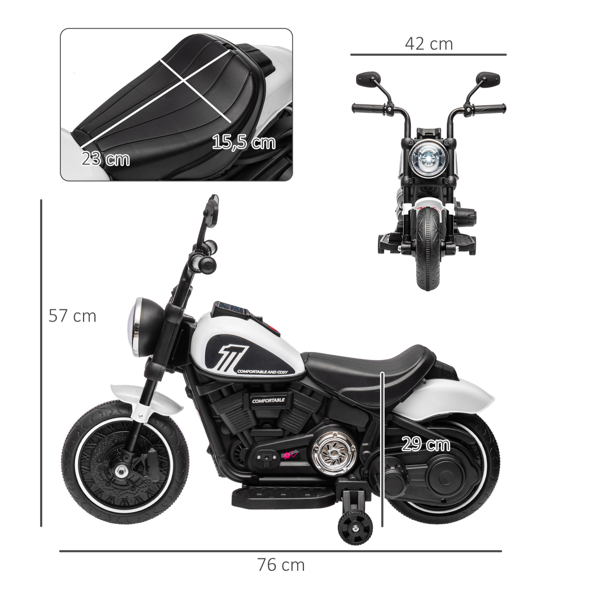 Moto Eléctrica para Niños de 18-36 Meses, Moto Eléctrica Infantil con Batería 6V, Faro y Ruedas Auxiliares Desmontables, Carga 25 kg, Blanco