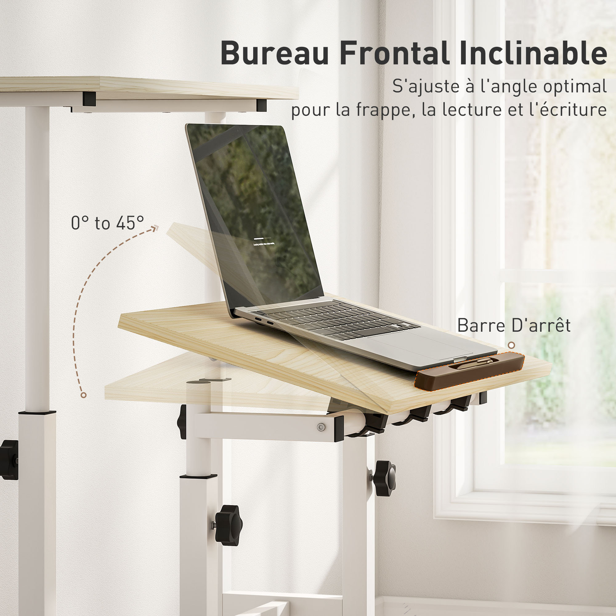 Bureau assis debout inclinable réglable H.70,5-120 cm mobile 2 plateaux métal blanc effet bois clair