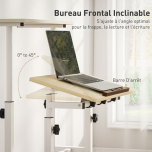 Bureau assis debout inclinable réglable H.70,5-120 cm mobile 2 plateaux métal blanc effet bois clair