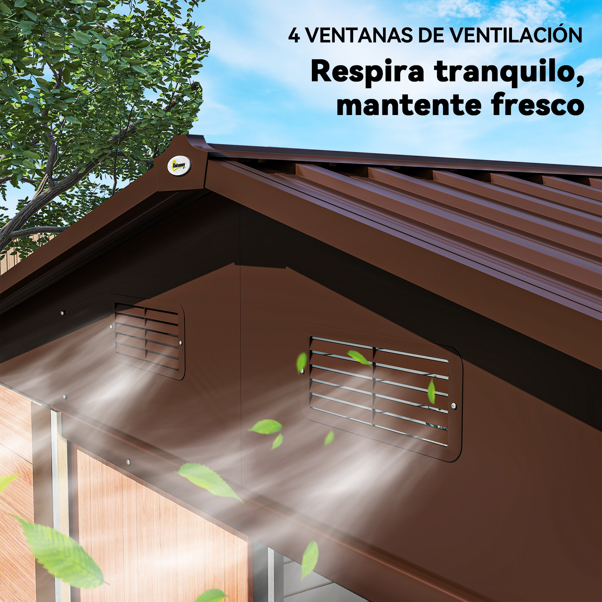 Caseta de Jardín Exterior 4,84 m² 278x195x215 cm Cobertizo de Jardín Exterior Metálica con 2 Puertas Corredizas y 4 Ventanas para Almacenamiento de Herramientas Efecto Madera Natural y Café