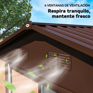 Caseta de Jardín Exterior 4,84 m² 278x195x215 cm Cobertizo de Jardín Exterior Metálica con 2 Puertas Corredizas y 4 Ventanas para Almacenamiento de Herramientas Efecto Madera Natural y Café