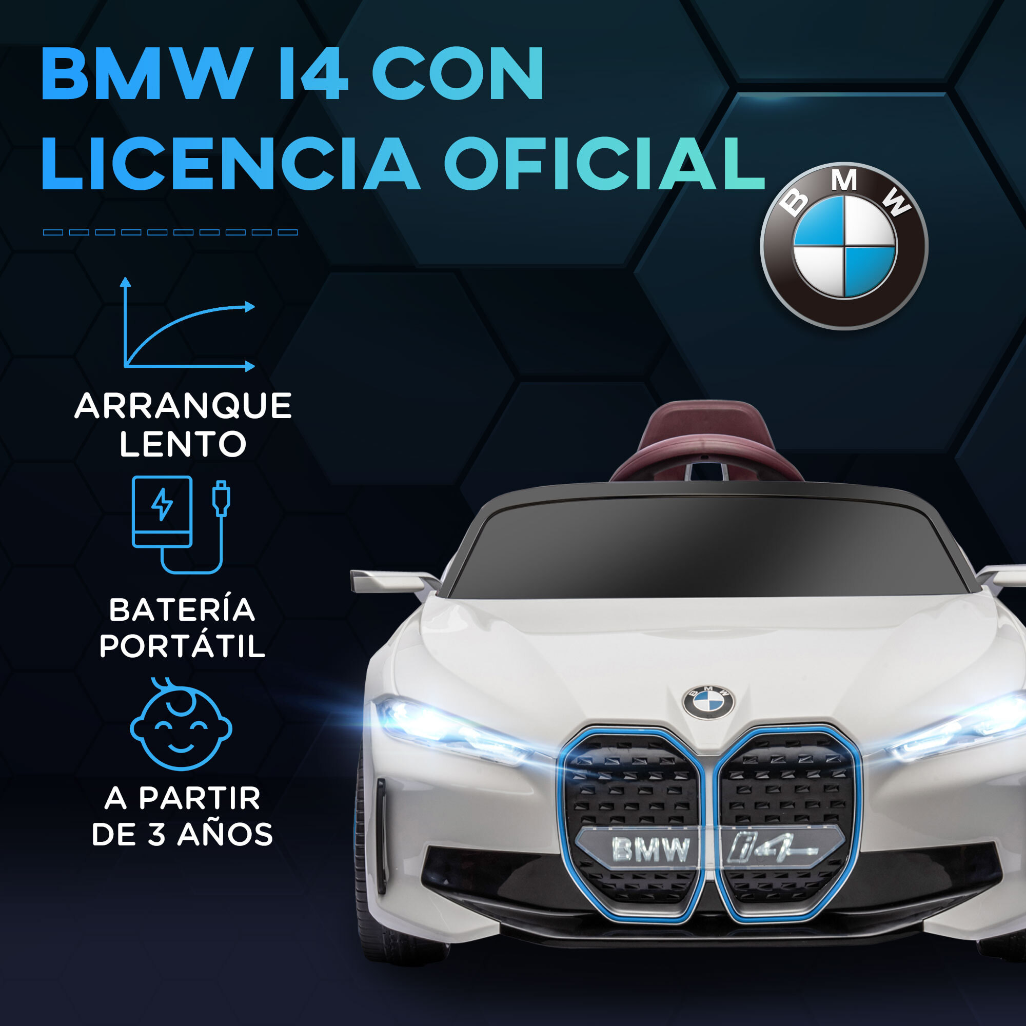 Coche Eléctrico para Niños 37-72 Meses Autorización BMW I4 Coche de Batería 12V con Control Remoto Música MP3 Pantalla Luces y Cinturón de Seguridad 115x67x45 cm Blanco