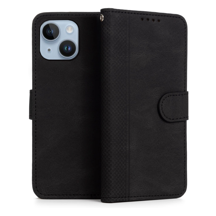 Custodia in similpelle antishock stile libro per iPhone 15. Portacarte interno, cinturino da polso removibile.