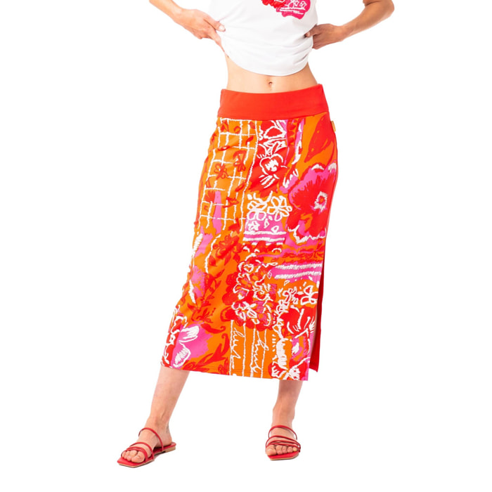 Mamatayoe Falda Amalgama para Mujer – Falda midi con abertura, con estampado abstracto y multicolor.Tallas S-XXL