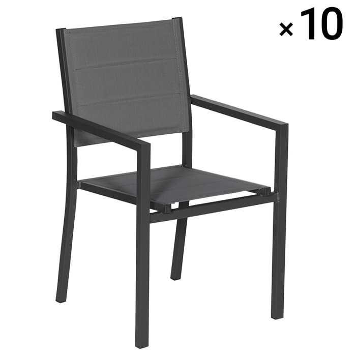 Lot de 10 chaises rembourrées en aluminium anthracite - textilène gris