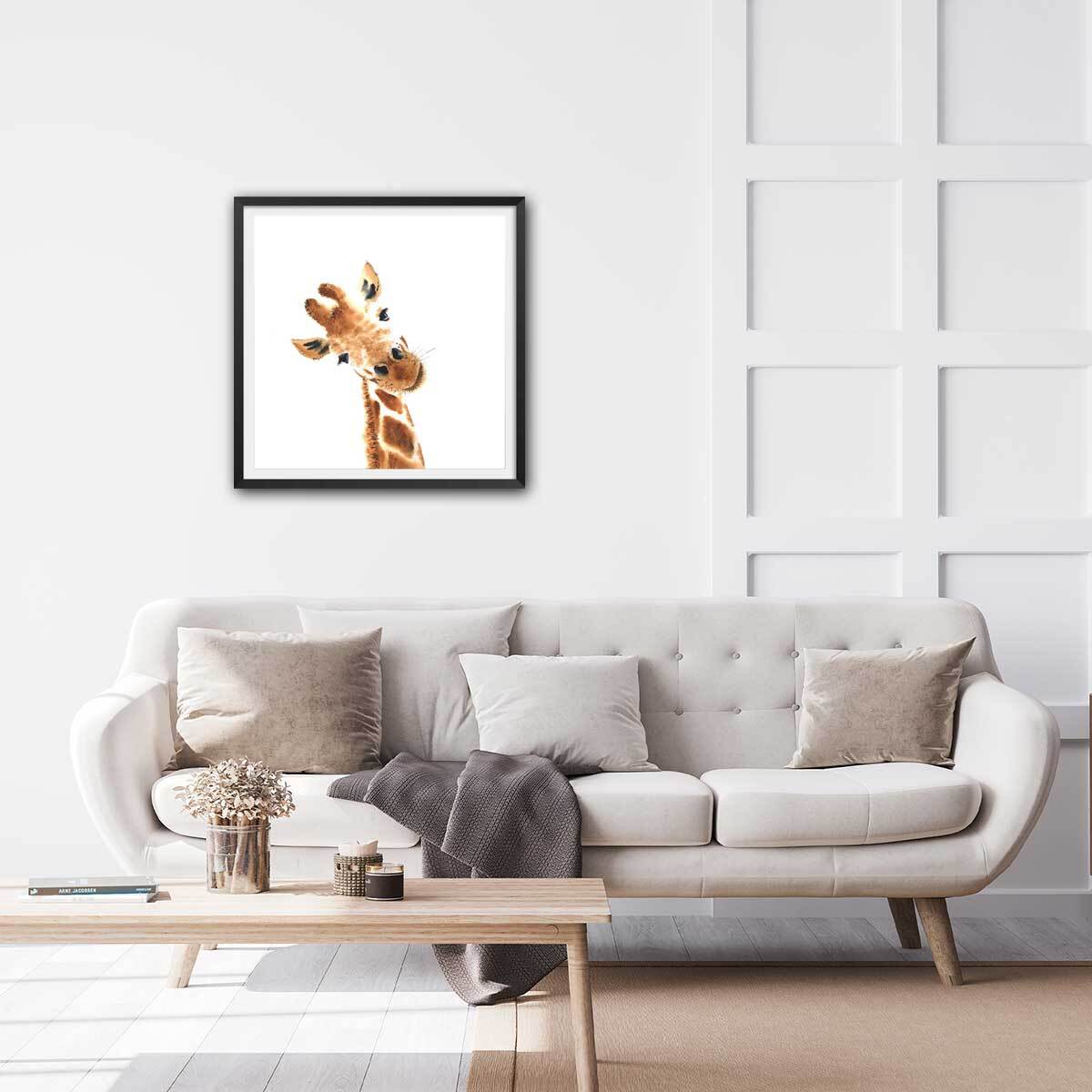 Poster dessin charmante girafe Affiche + cadre en bois - Noir