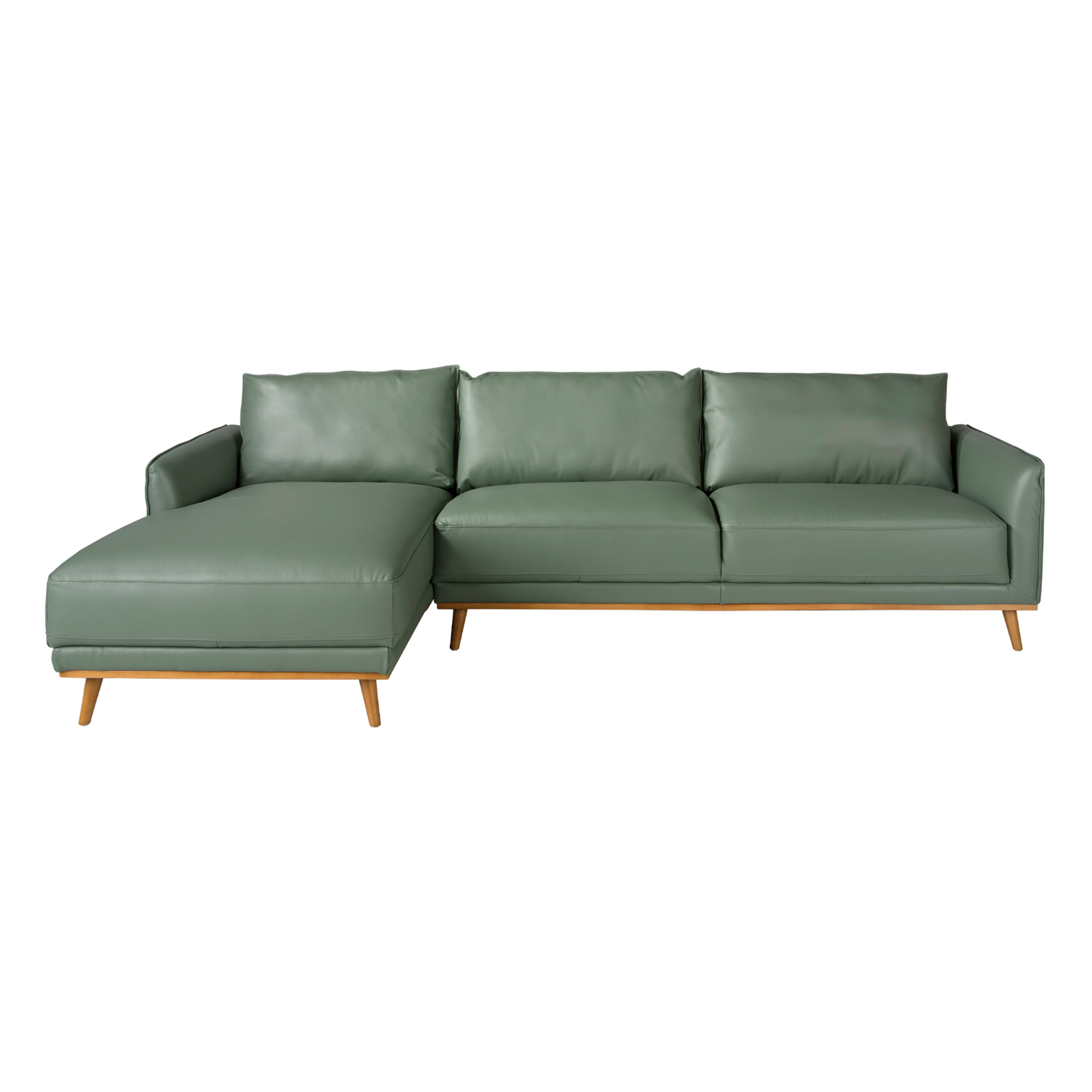 Sofá chaise longue izquierda de 5 plazas tapizado en piel de origen vacuno en verde patas de madera en miel 295x160x90cm