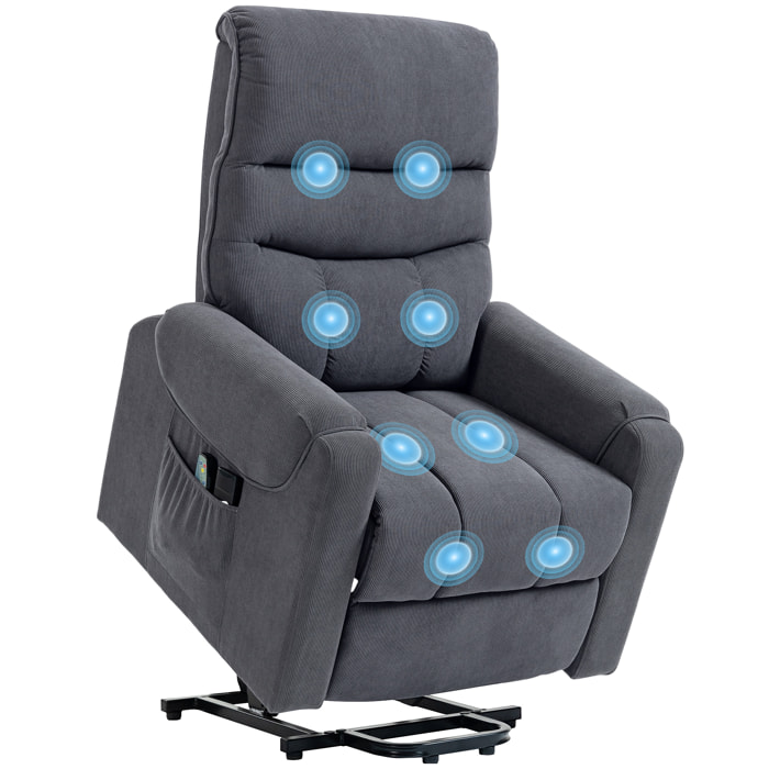 Sillón Relax Reclinable Eléctrico Levanta Personas, Sillón Elevador con 8 Puntos de Masaje, 2 Controles Remotos, Reposapiés, Tapizado en Pana, Acolchado Grueso, Bolsillo Lateral, Gris