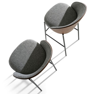 Taburete tapizado en tela gris y respaldo de madera chapada en nogal natural con estructura de patas de acero inoxidable negro 53x51x98cm