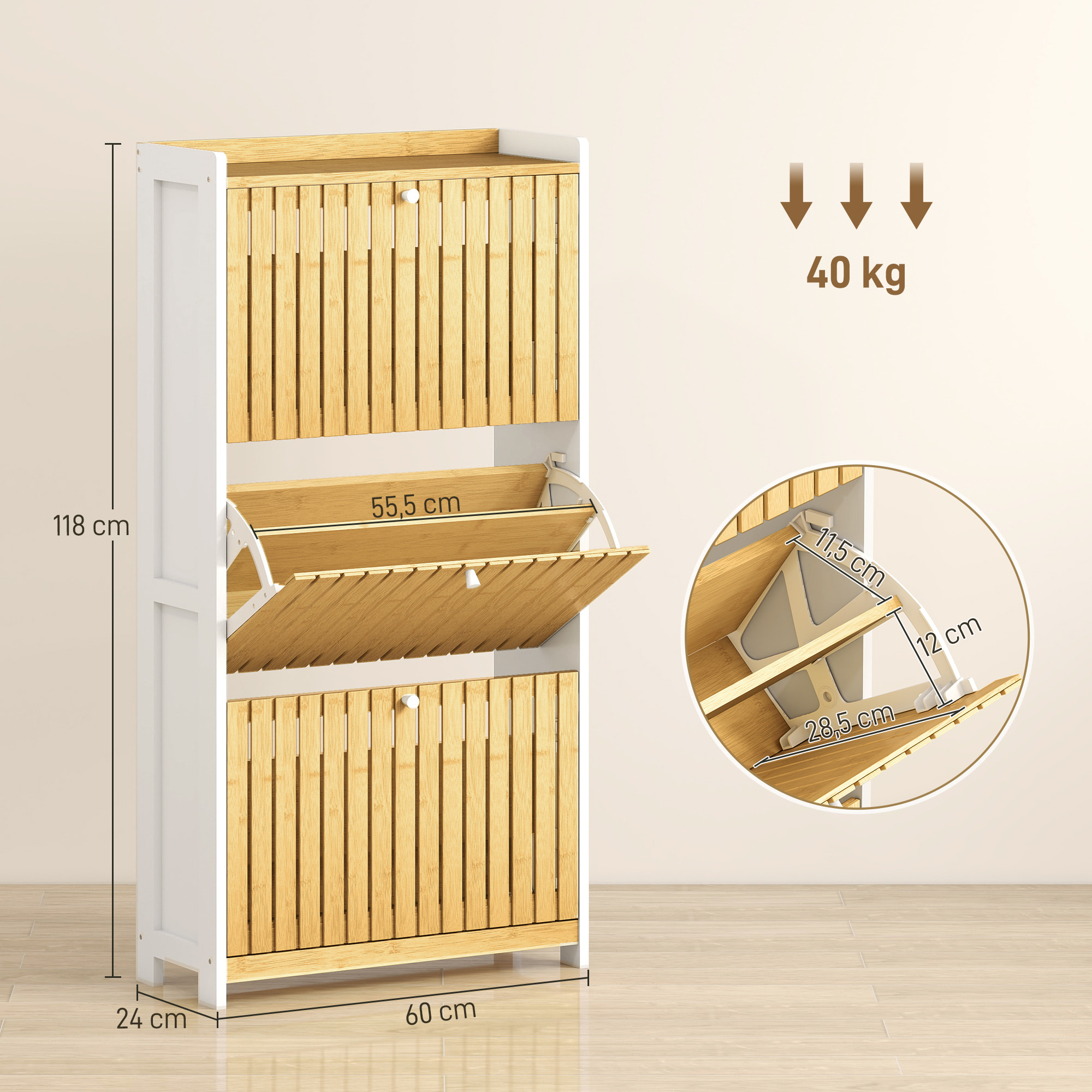 Zapatero Estrecho con 3 Puertas de Bambú con Listones Zapatero Entrada Recibidor con Estantes Ajustables para 18 Pares de Zapatos 60x24x118 cm Blanco y Natural