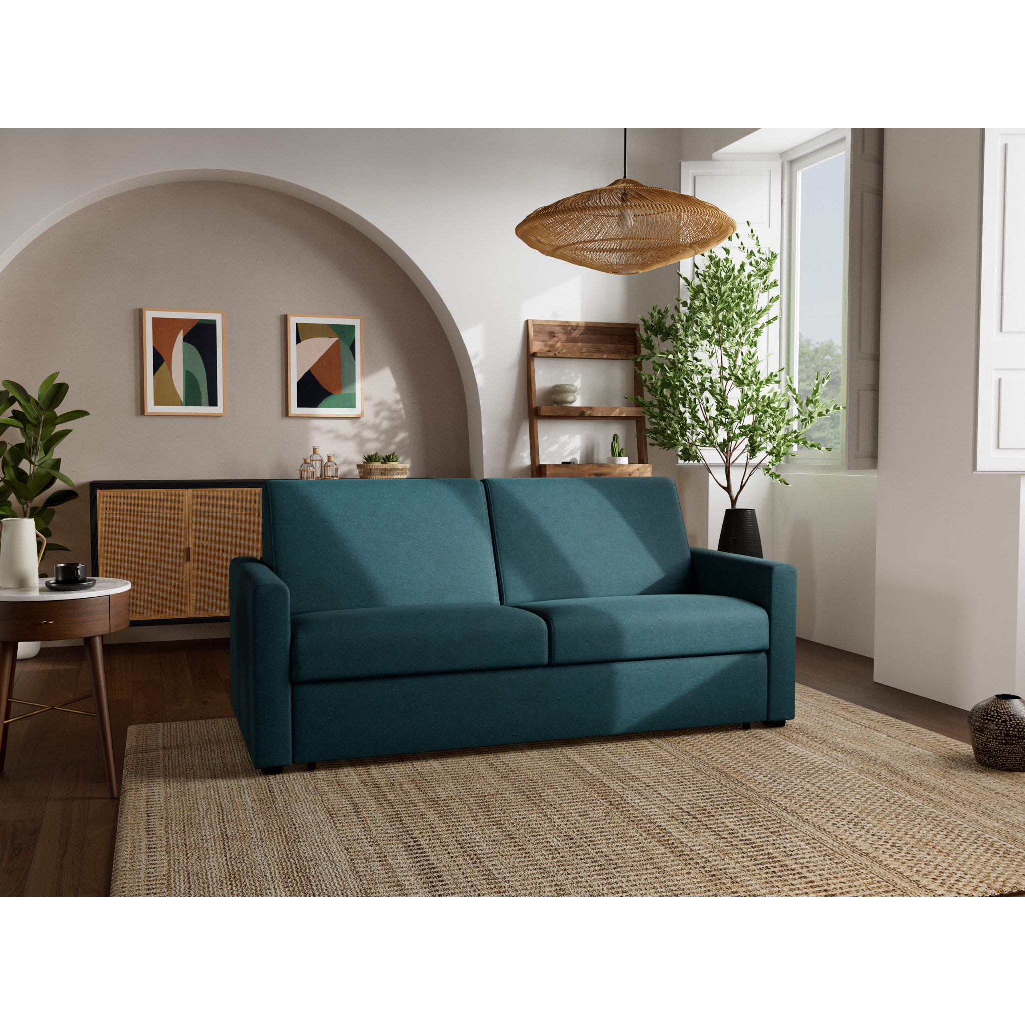 Julia - canapé 3 places convertible couchage quotidien matelas 14 cm en tissu - Bleu