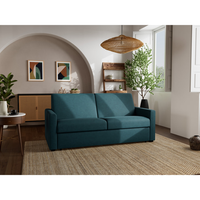 Julia - canapé 3 places convertible couchage quotidien matelas 14 cm en tissu - Bleu