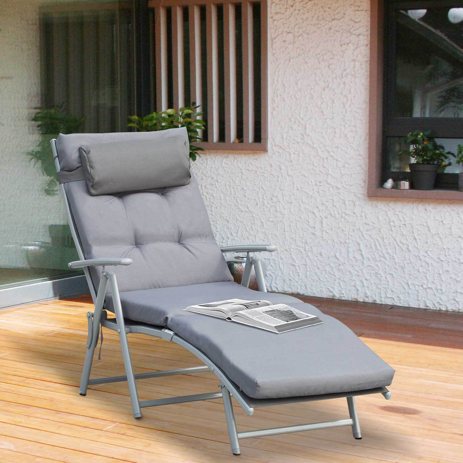 Tumbona Plegable de Jardín con Respaldo Ajustable en 7 Posiciones Terraza Gris