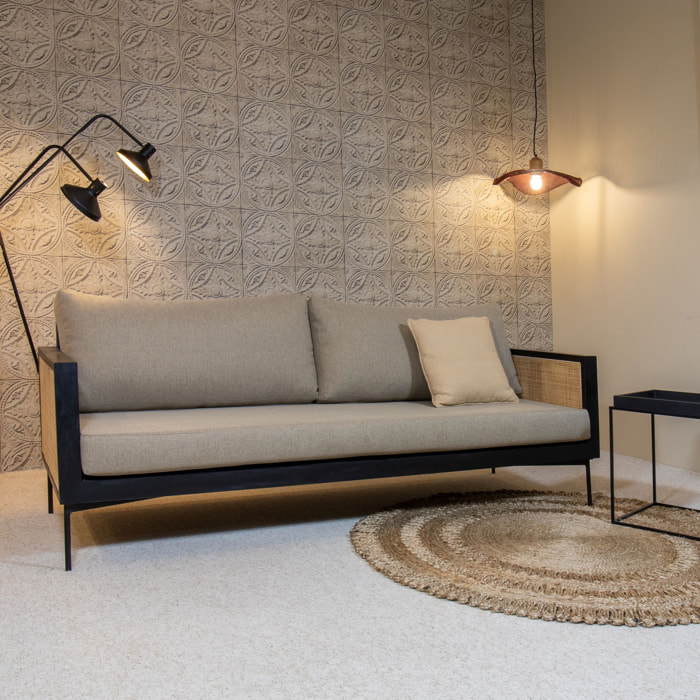 Canapé 3 places en tissu taupe structure en rotin et bois  TONKIN