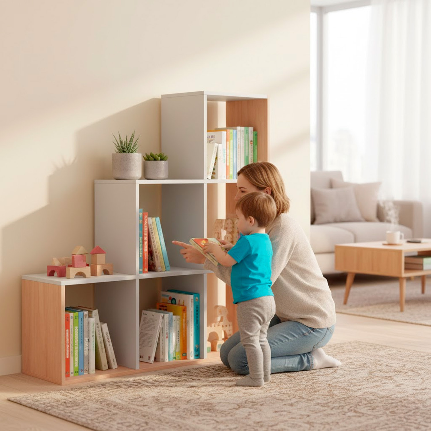 Libreria Con Vani Scaffale Salvaspazio Mobile Da Parete Con 6 Vani E 4 Ripiani Design Moderno Soggiorno Studio 110 x 108 x 29 Cm Bianco e Rovere