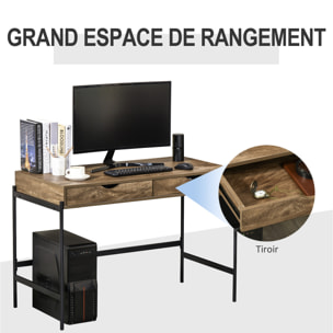 Bureau style industriel dim. 110L x 55l x 75H cm cm tiroir + 2 tiroirs piètement métal noir plateau MDF aspect bois