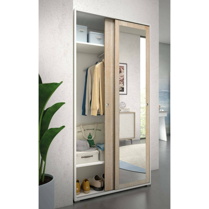 Guardaroba Tulipano, Armadio a 2 ante scorrevoli e specchio, Mobile con barra appendiabiti e ripiani, 100% Made in Italy, Cm 90x45h195, Rovere e Bianco