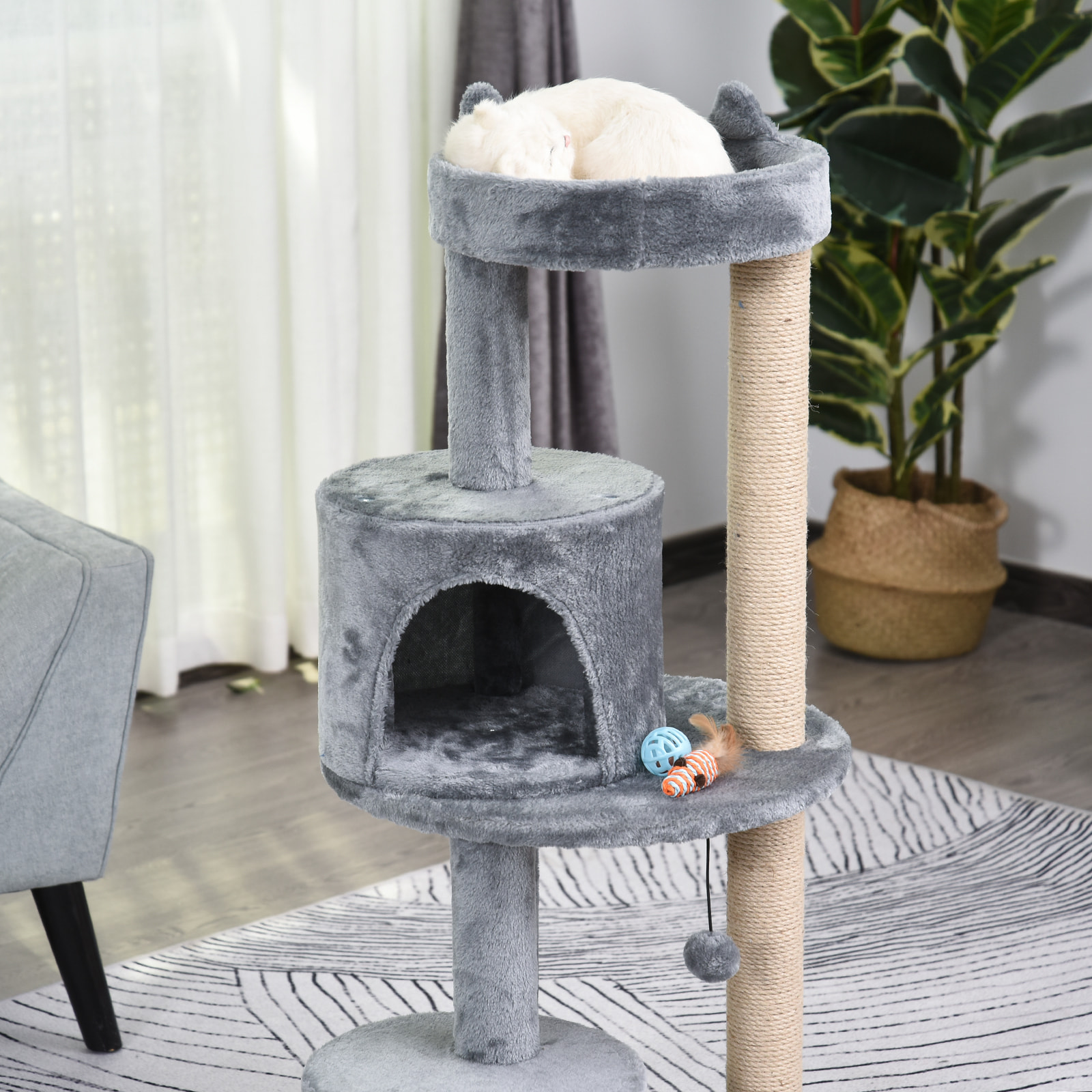 Arbre à chats multi-équipements griffoirs grattoirs plateformes niche jeu boule suspendue Ø 48 x 104H cm gris