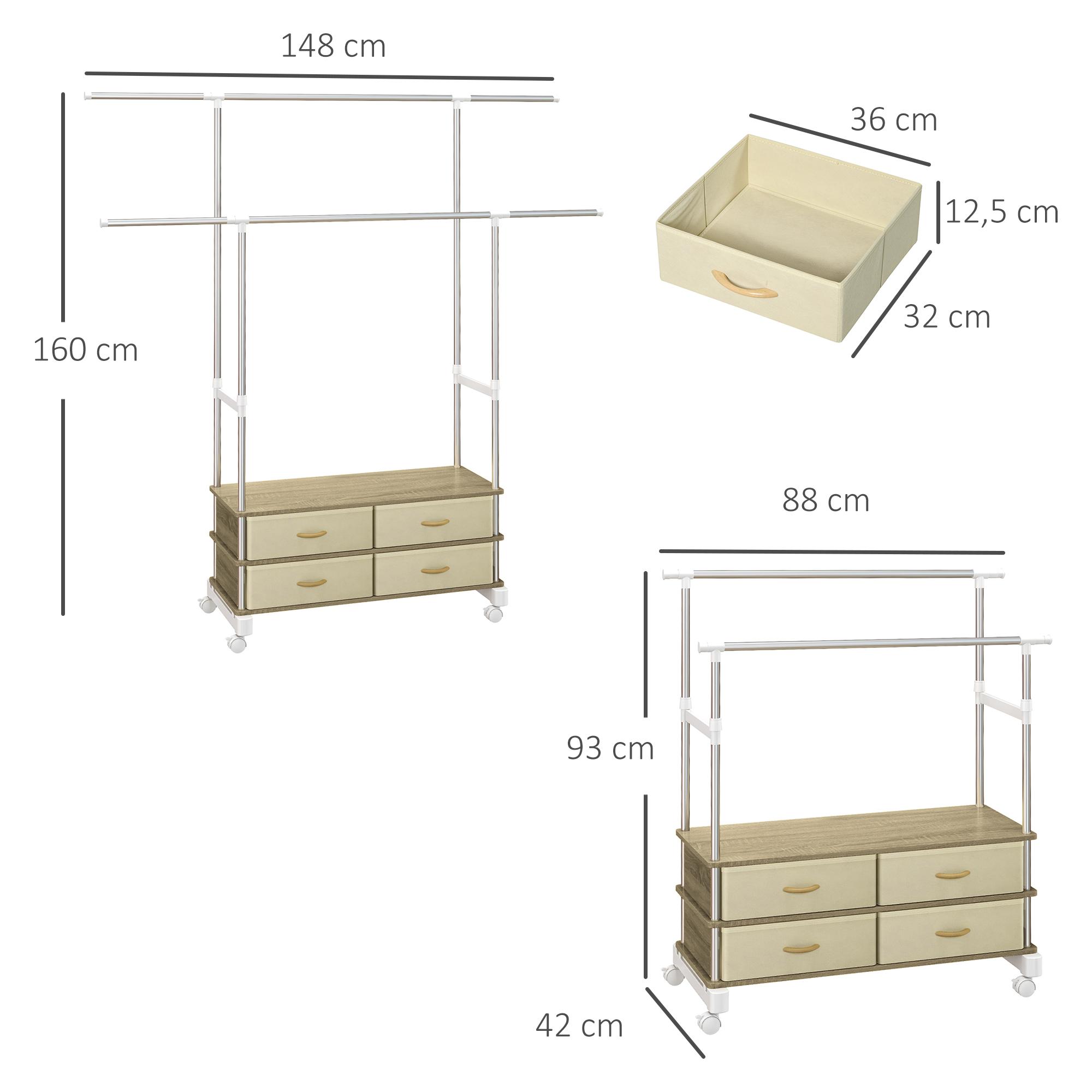 Perchero de Ropa con Ruedas Perchero de Pie con Altura Ajustable Barras Extensibles y 4 Cajones de Tela para Salón Dormitorio Entrada 88-148x42x93-160 cm Beige