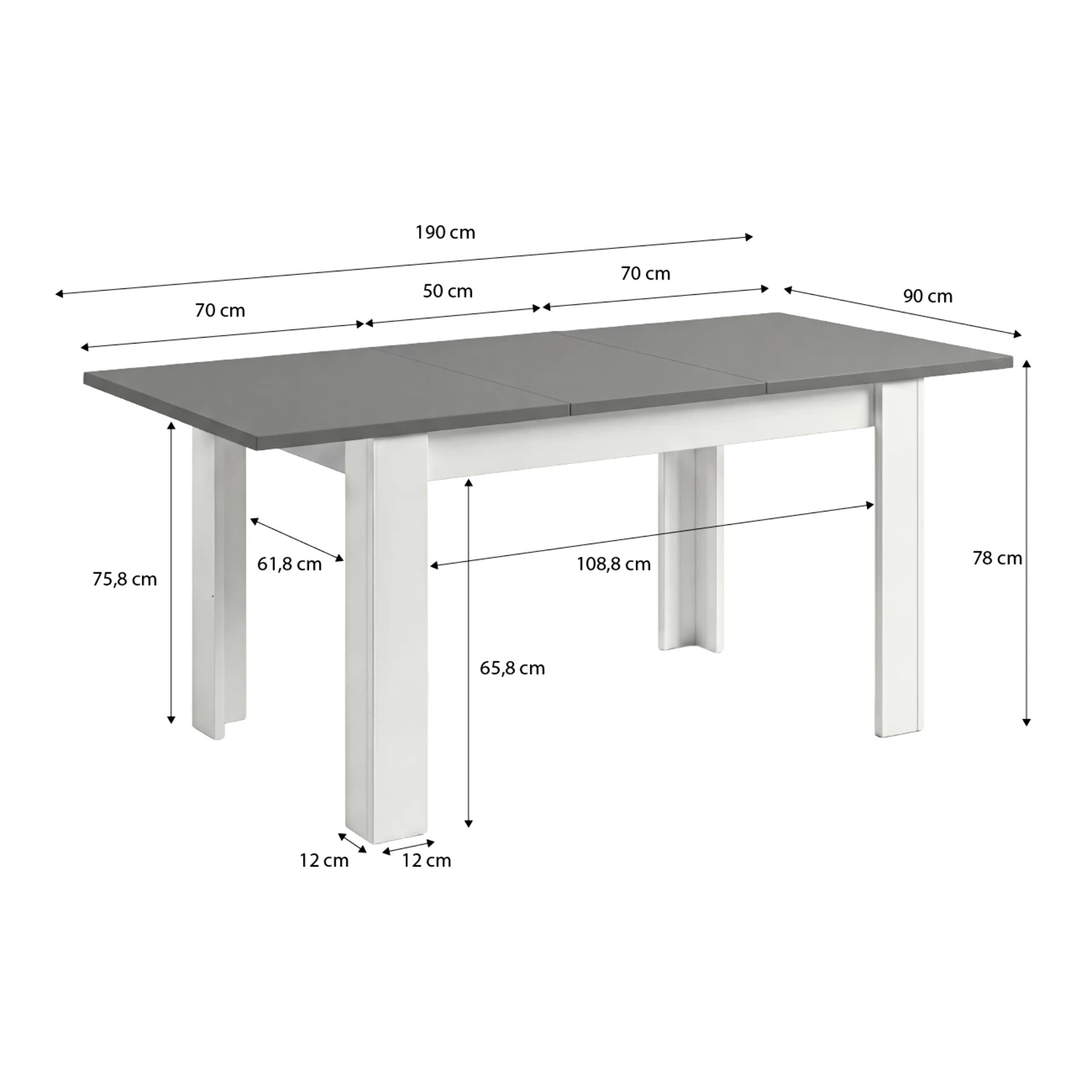 Mesa de comedor extensible en blanco mate y gris grafito 140-190x90 cm Sira Blanco Artik (Blanco Mate) - Gris Grafito