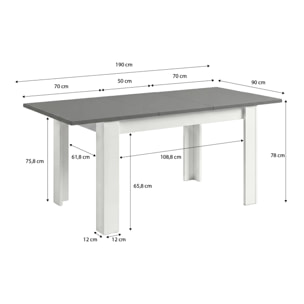 Mesa de comedor extensible en blanco mate y gris grafito 140-190x90 cm Sira Blanco Artik (Blanco Mate) - Gris Grafito