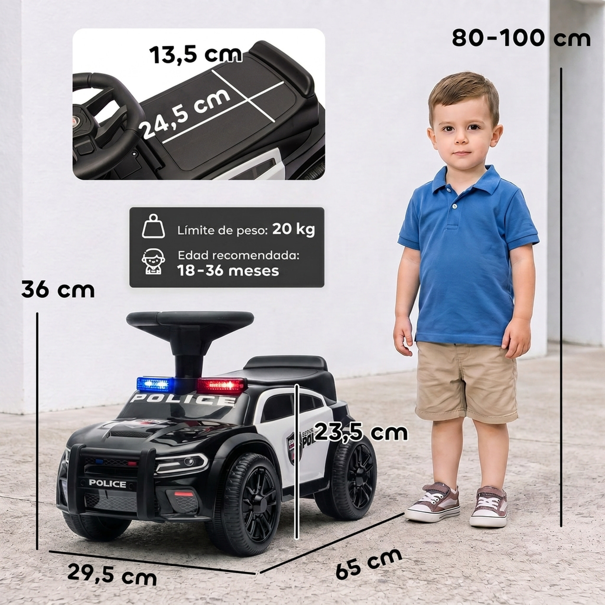 AIYAPLAY Coche Correpasillos de Policía para Niños de 18-36 Meses, Correpasillos con Luz, Música y Espacio de Almacenaje, 65x29,5x36 cm, Negro