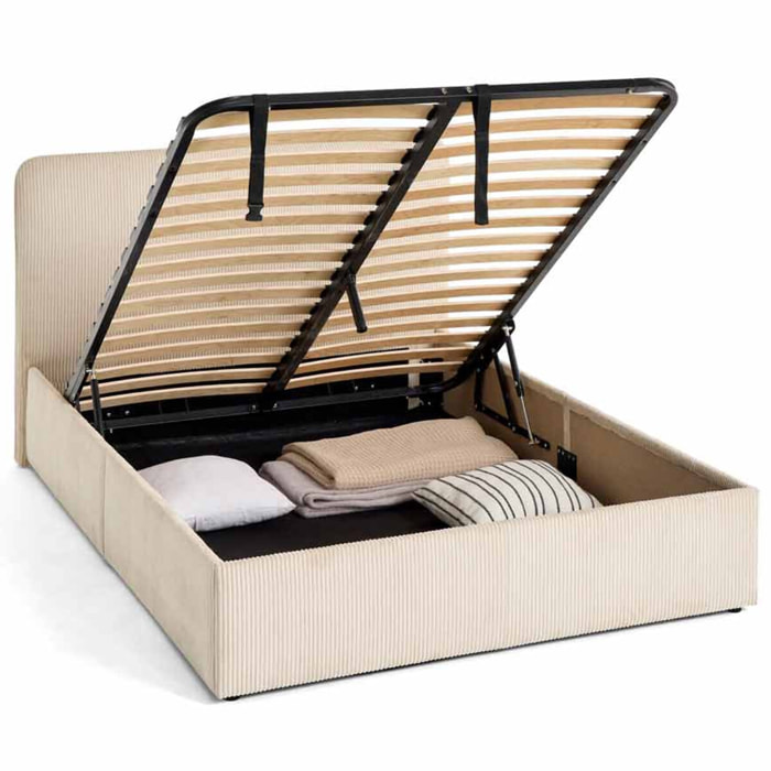 Goyave - lit coffre - 140x190 - en velours côtelé - sommier inclus - Beige